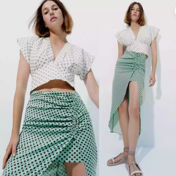 Zara Polka Dot Slit Linen Midi Skirt - Picture 1 of 10